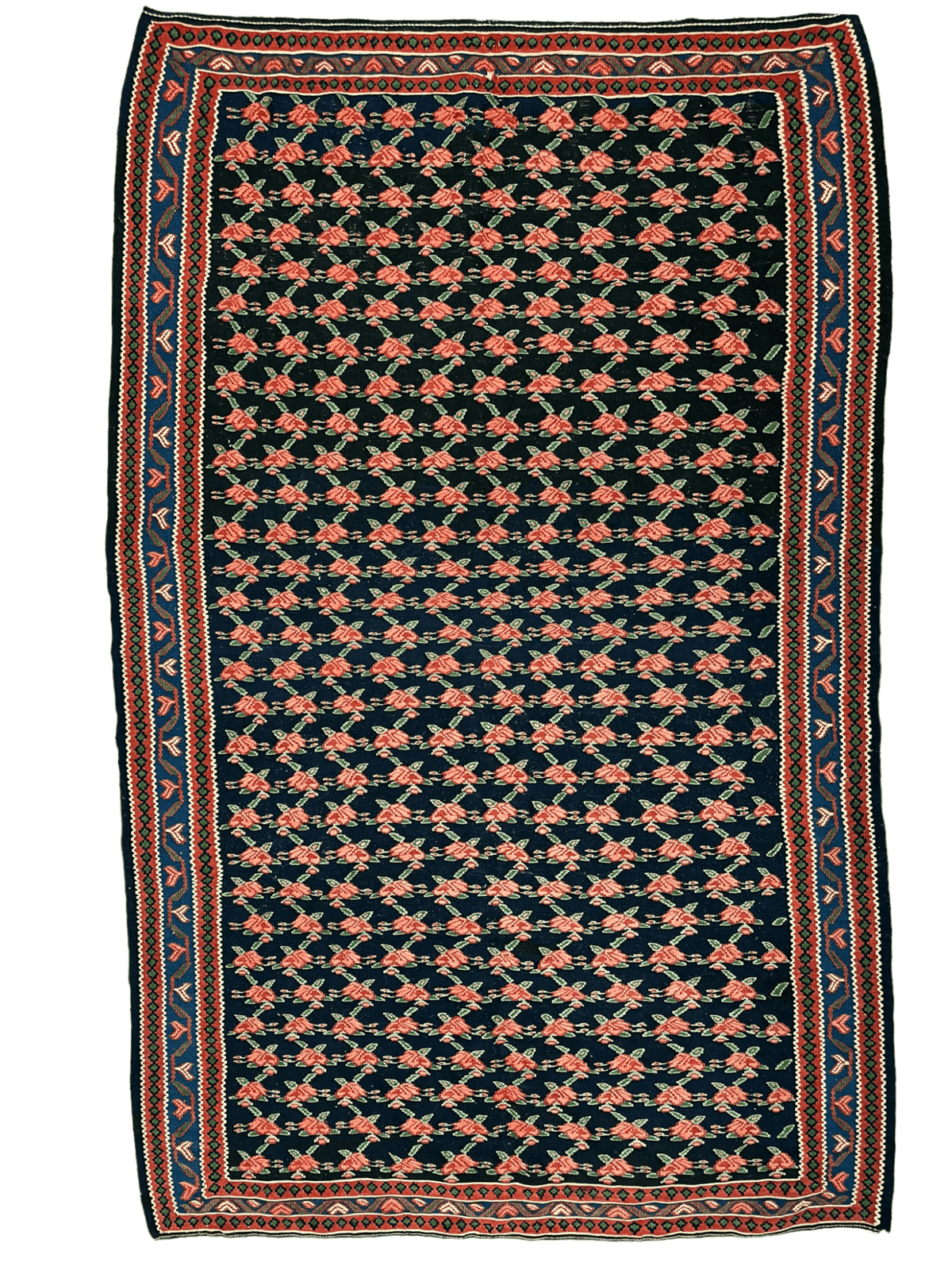 Vintage Persian Senneh Kilim Rug 4x7 | Navy, Red & Pink | Hand-Woven Wool Flatweave - Rugistan
