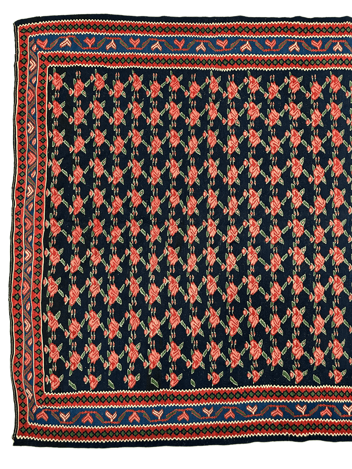 Vintage Persian Senneh Kilim Rug 4x7 | Navy, Red & Pink | Hand-Woven Wool Flatweave - Rugistan, view 2