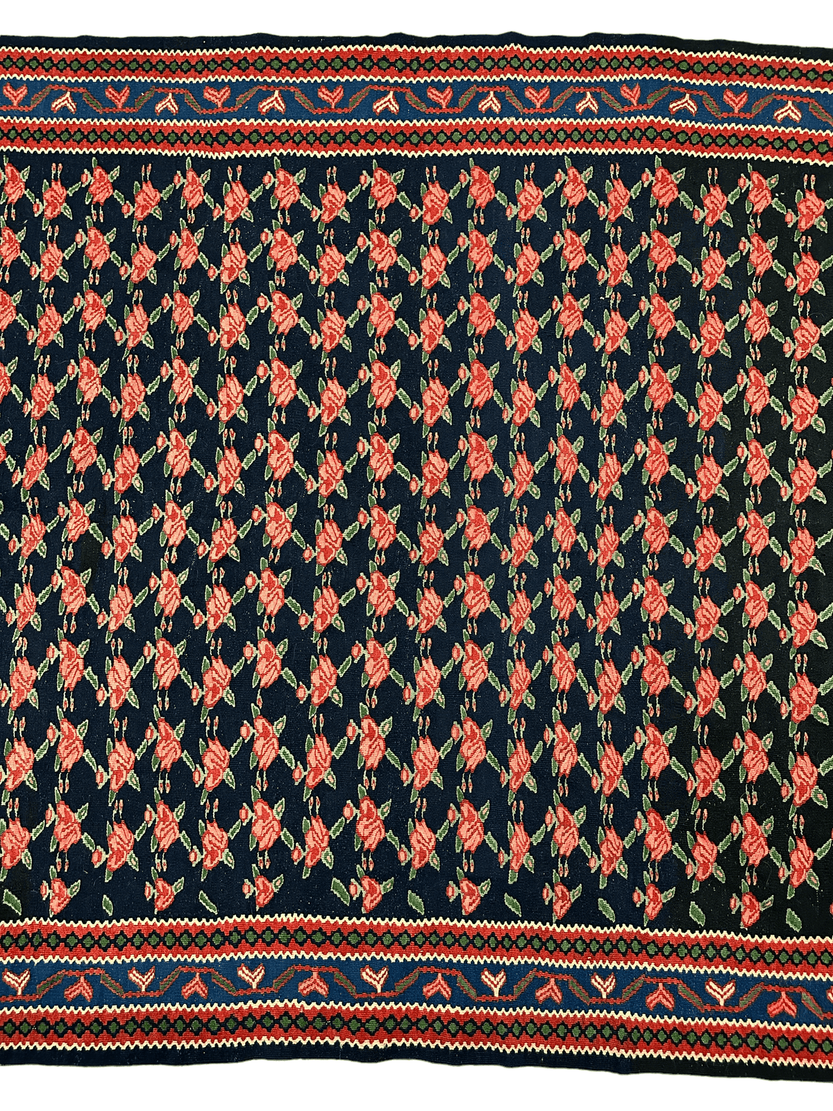 Vintage Persian Senneh Kilim Rug 4x7 | Navy, Red & Pink | Hand-Woven Wool Flatweave - Rugistan, view 3