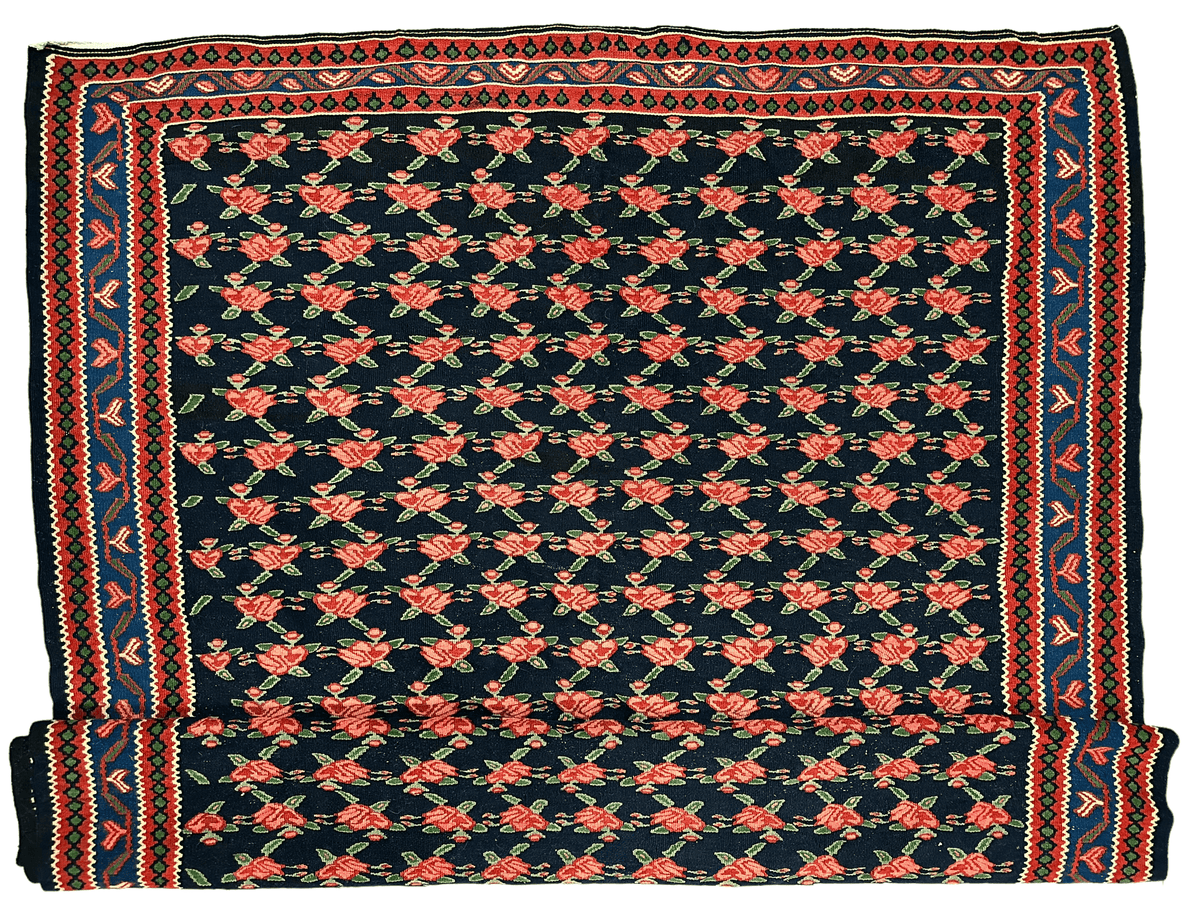 Vintage Persian Senneh Kilim Rug 4x7 | Navy, Red & Pink | Hand-Woven Wool Flatweave - Rugistan, view 5