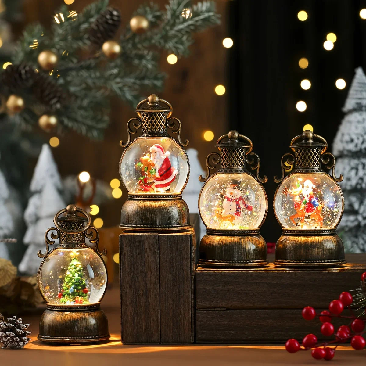 Wooden Music Box with Glowing Snowfall and USB Power