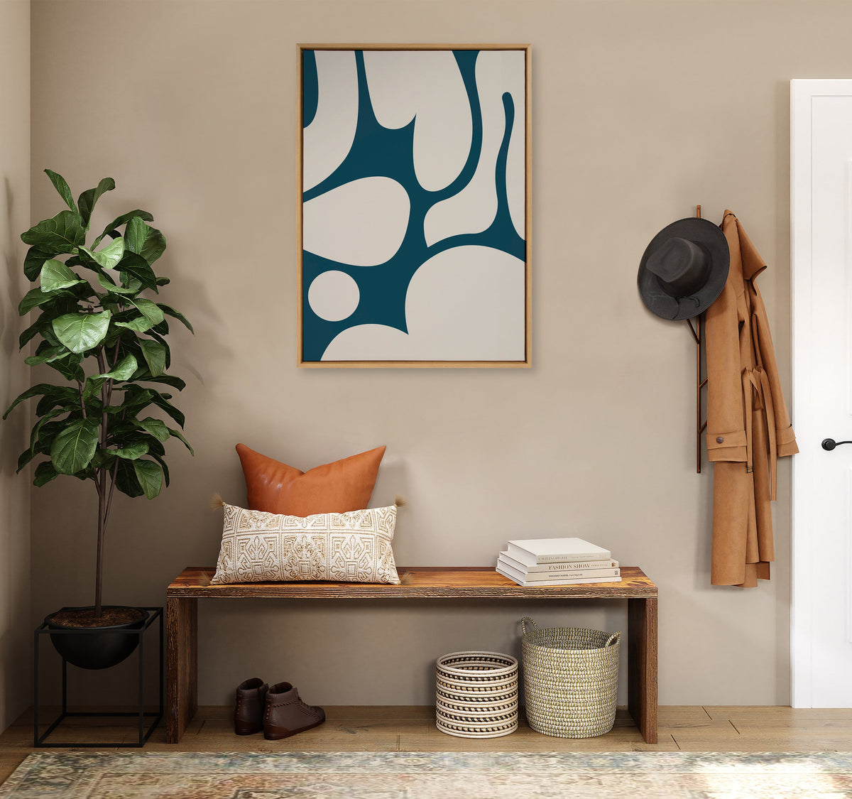 Sylvie Groovy Happy Abstract Dark Green Teal and Tan Framed Canvas by The Creative Bunch Studio