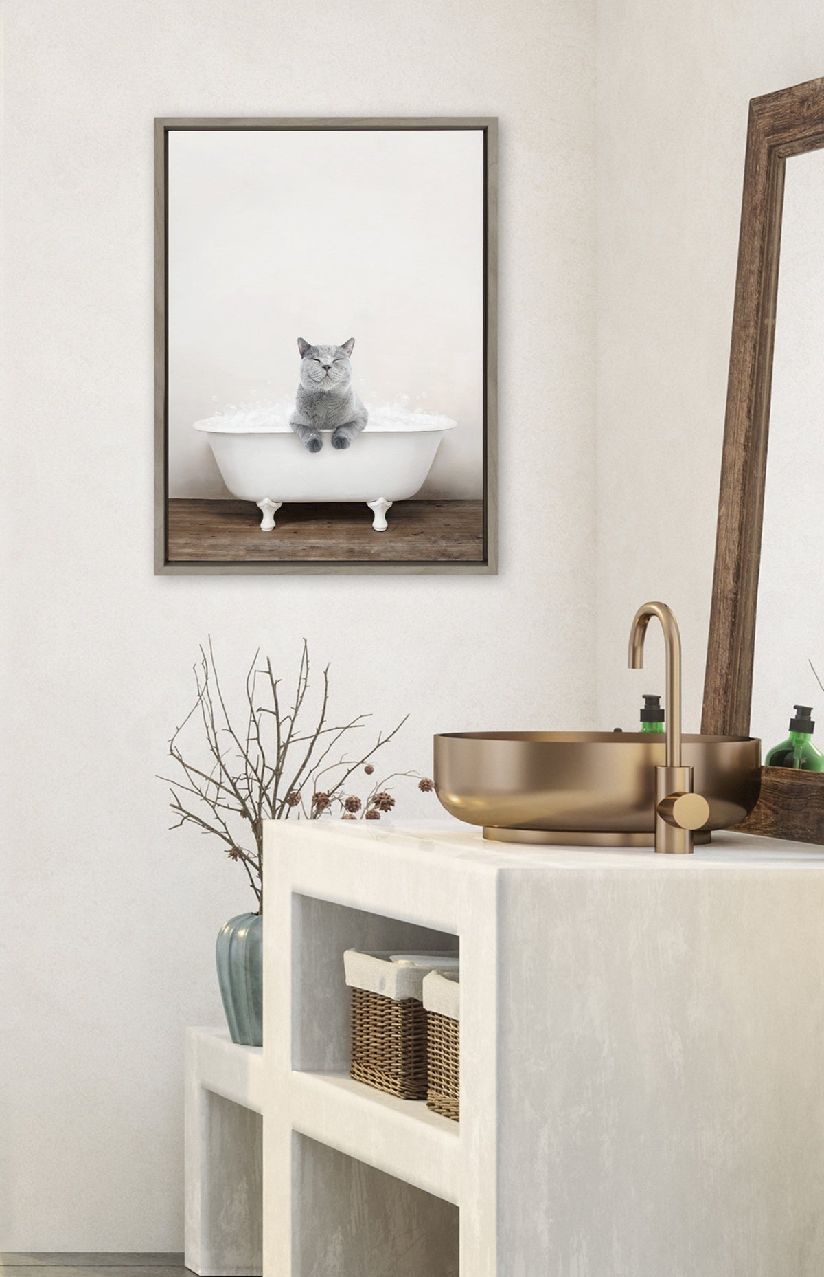Sylvie Cat in Rustic Bath Framed Canvas by Amy Peterson Art Studio
