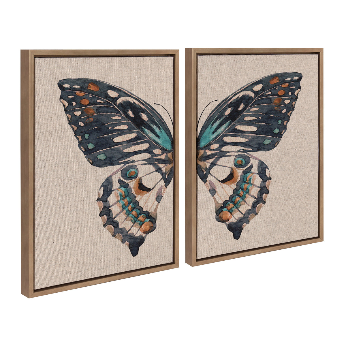 Sylvie Boho Butterfly Watercolor Diptych Neutral Linen Framed Canvas Art Set by The Creative Bunch Studio