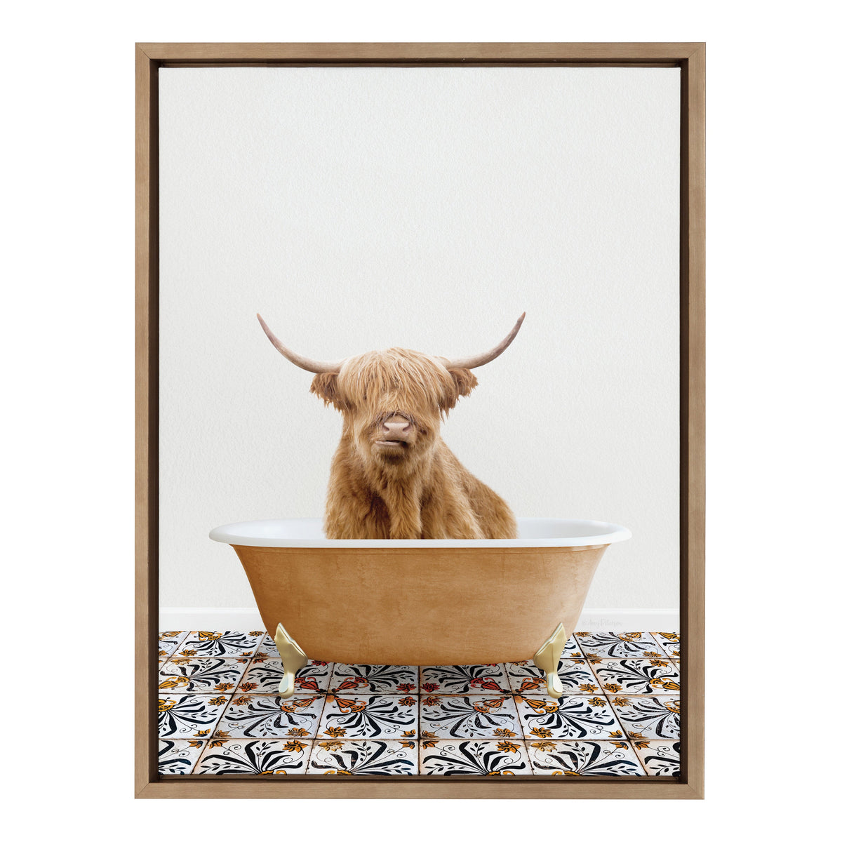 Sylvie Highland Cow In Mediterranean Bath Framed Canvas by Amy Peterson Art Studio