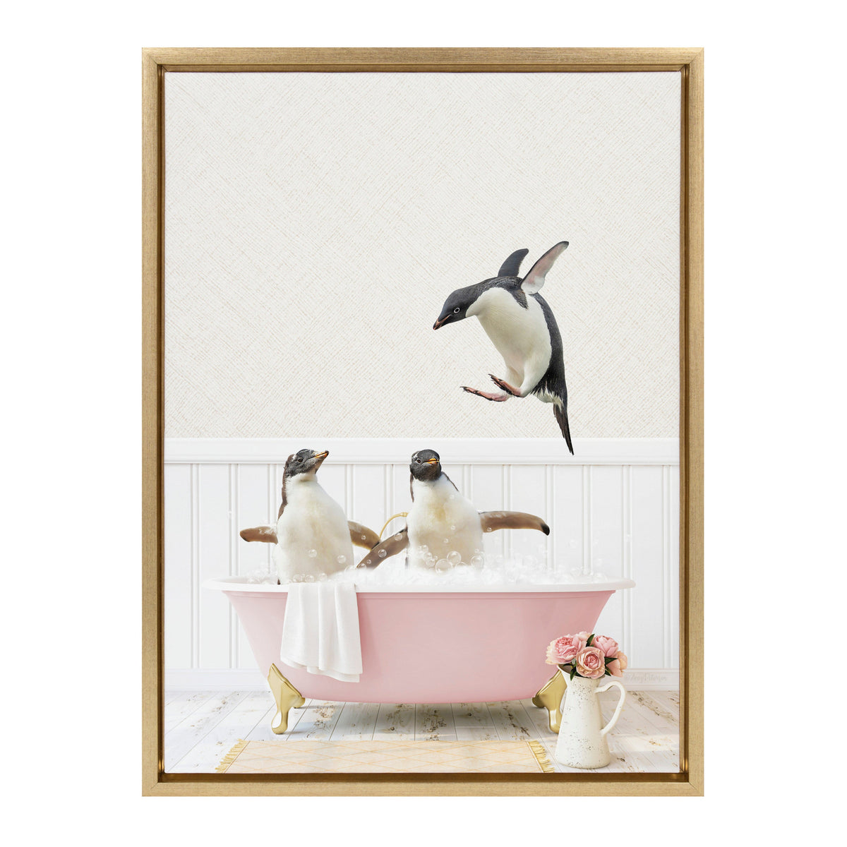 Sylvie Penguins Playing in Cottage Rose Bath Framed Canvas by Amy Peterson Art Studio