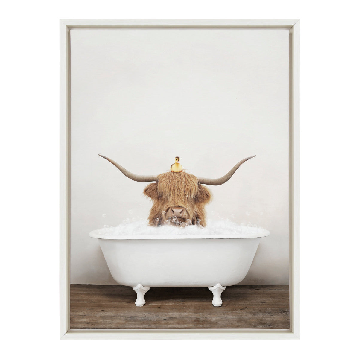 Sylvie Highland Cow and Duckling in Rustic Bath Framed Canvas by Amy Peterson Art Studio