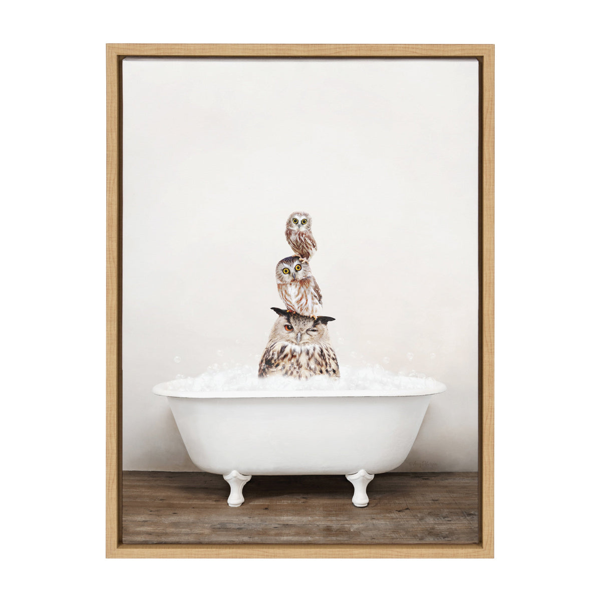 Sylvie Stacked Owls in Rustic Bath Framed Canvas by Amy Peterson Art Studio