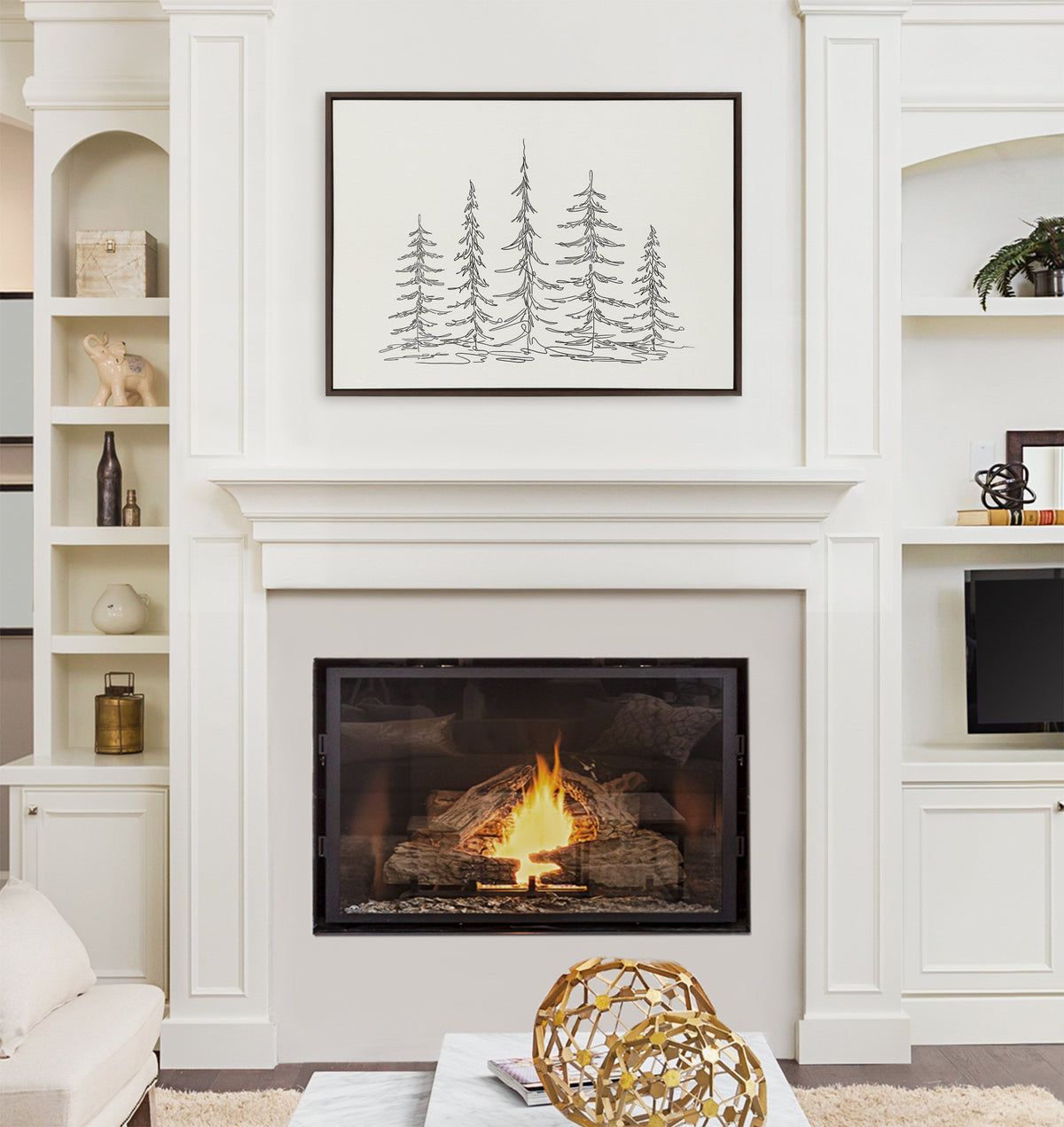 Sylvie Minimalist Evergreen Trees Sketch Framed Canvas by The Creative Bunch Studio