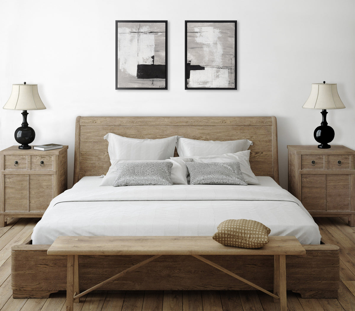 Sylvie Line 1 Left and Right Neutral Linen Framed Canvas Art Set by Nikita Jariwala