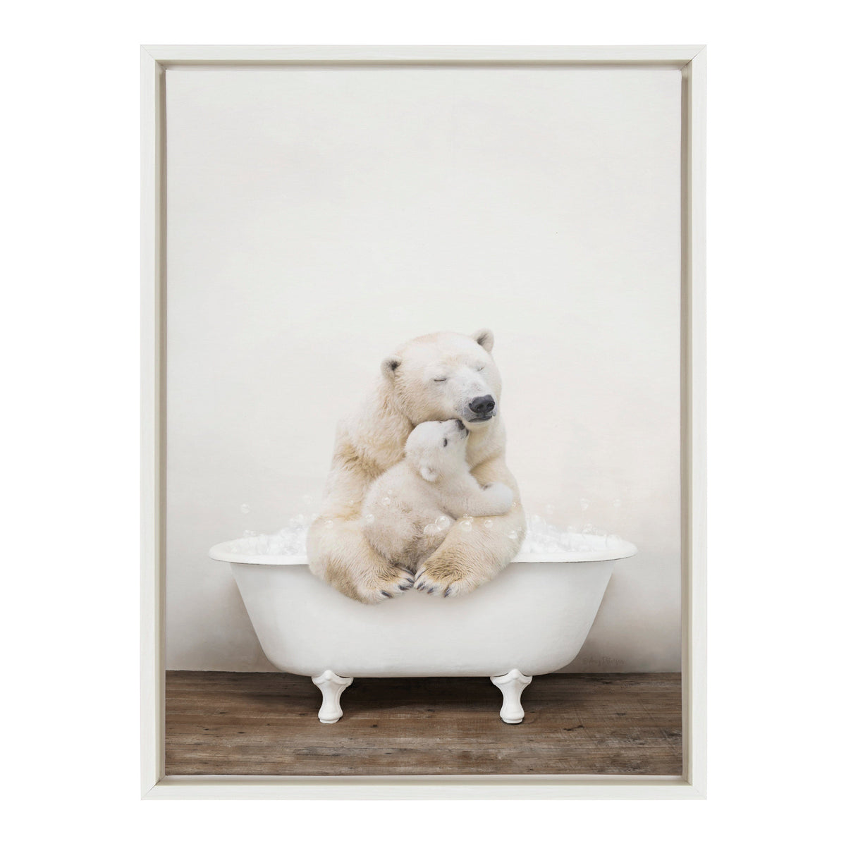 Sylvie Mother and Baby Polar Bear in Rustic Bath Framed Canvas by Amy Peterson Art Studio