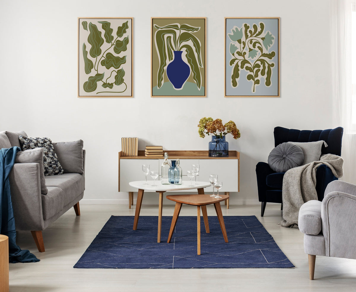 Sylvie Expressive Abstract House Plant Playful Blue Framed Canvas by The Creative Bunch Studio