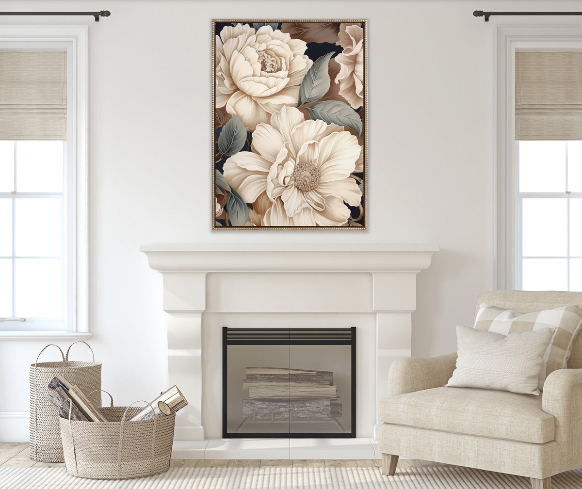Sylvie Beaded Retro Glam Floral in Muted Color Tones Framed Canvas by The Creative Bunch Studio