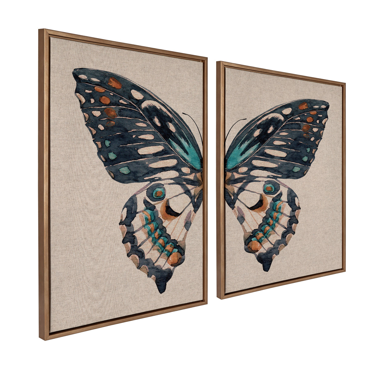 Sylvie Boho Butterfly Watercolor Diptych Neutral Linen Framed Canvas Art Set by The Creative Bunch Studio
