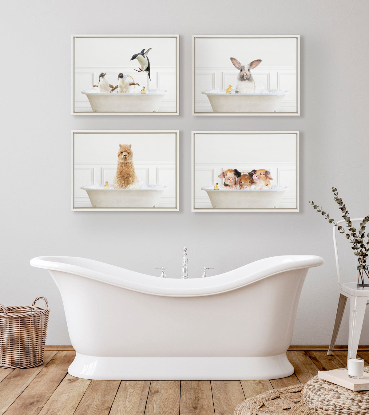 Sylvie Penguins In Bubble Bath Neutral Style Framed Canvas by Amy Peterson Art Studio